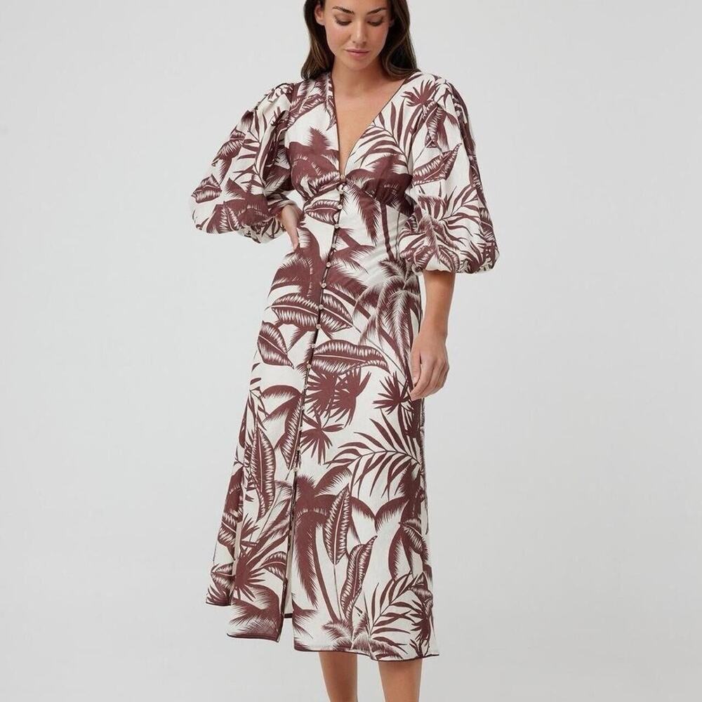 Keepsake Brown Button Down Tropical Midi Puff Sleeves Palm Trees Linen Dress 6